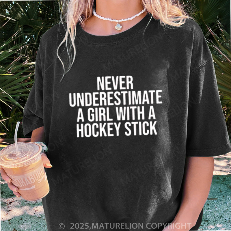 Maturelion Women's T-shirt Hockey girl shirt funny hockey stick DTG Washed T-shirt