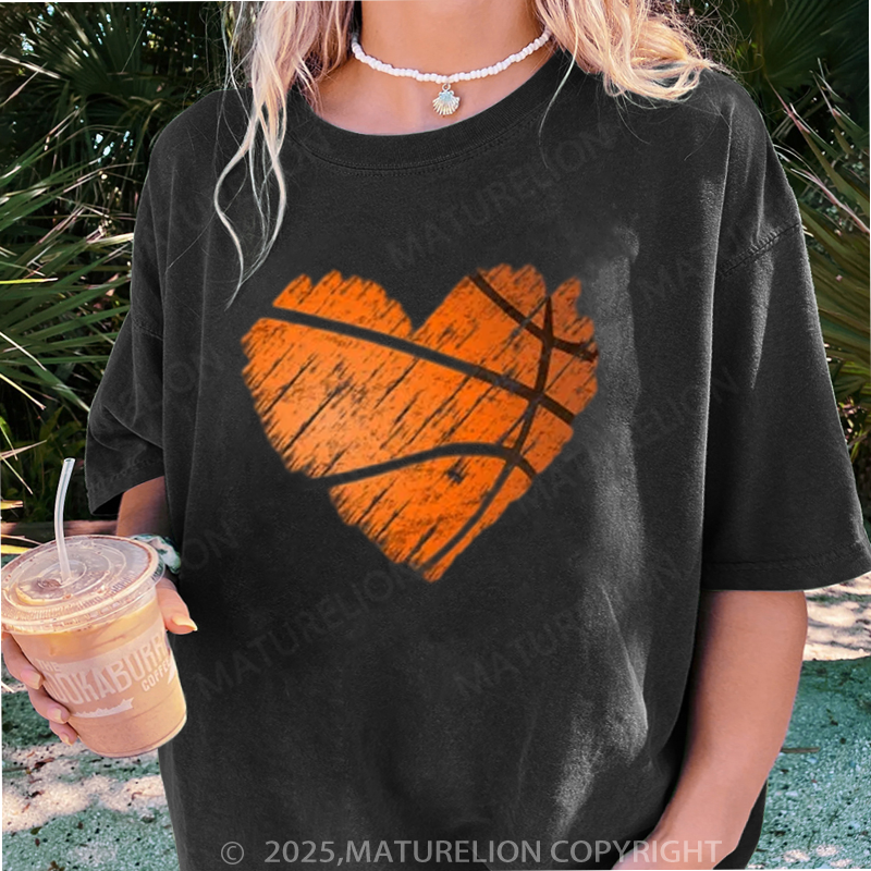 Maturelion Women's T-shirt Distressed Basketball Heart DTG Washed T-shirt