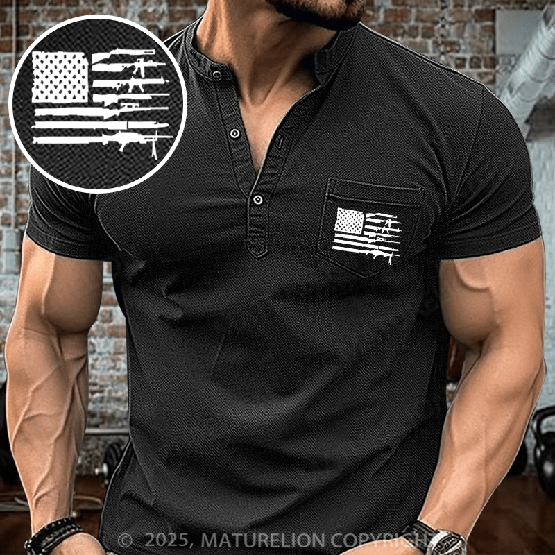Maturelion Men's Henley Shirt American Gun Flag Henley Shirt