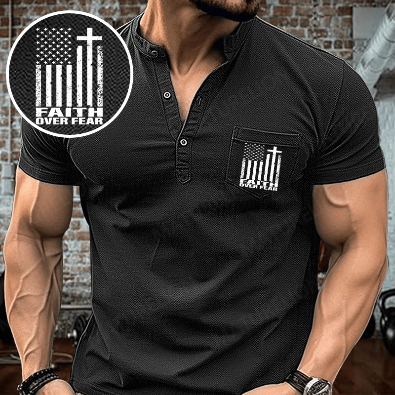Maturelion Men's Henley Shirt Faith Over Fear Christian Flag Cross Henley Shirt