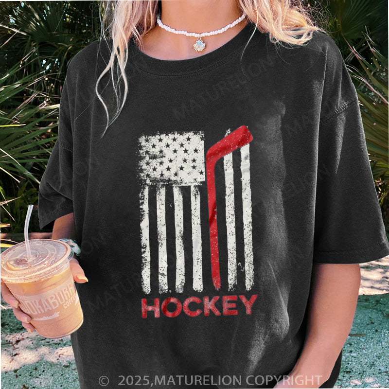 Maturelion Women's T-shirt USA Flag Hockey DTG Washed T-shirt