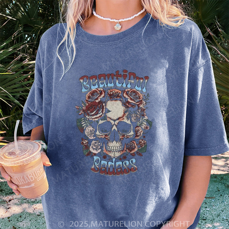 Maturelion Women's T-shirt Beautiful Badass Floral DTG Washed T-shirt