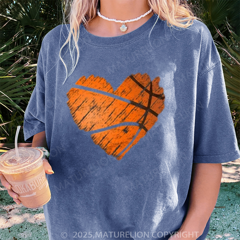 Maturelion Women's T-shirt Distressed Basketball Heart DTG Washed T-shirt