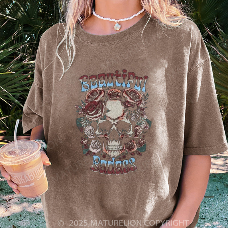 Maturelion Women's T-shirt Beautiful Badass Floral DTG Washed T-shirt