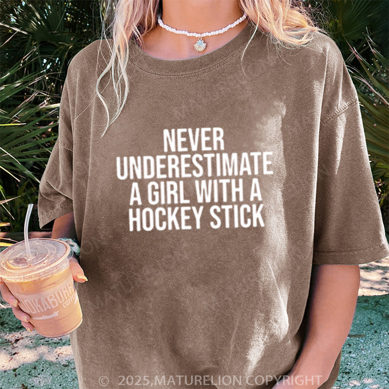 Maturelion Women's T-shirt Hockey girl shirt funny hockey stick DTG Washed T-shirt