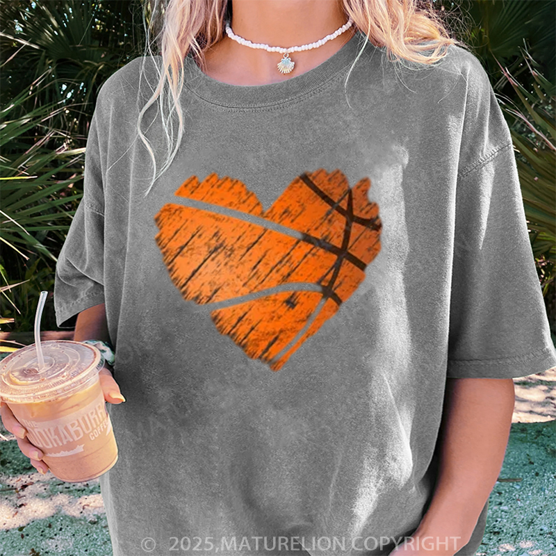 Maturelion Women's T-shirt Distressed Basketball Heart DTG Washed T-shirt