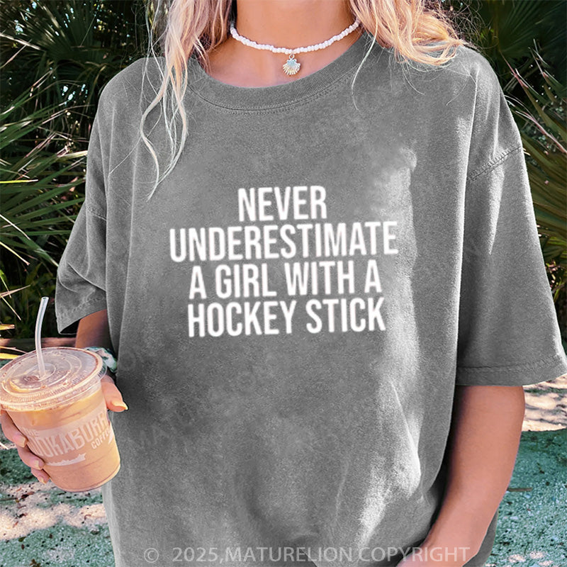 Maturelion Women's T-shirt Hockey girl shirt funny hockey stick DTG Washed T-shirt