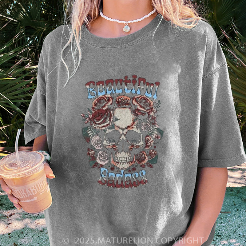 Maturelion Women's T-shirt Beautiful Badass Floral DTG Washed T-shirt