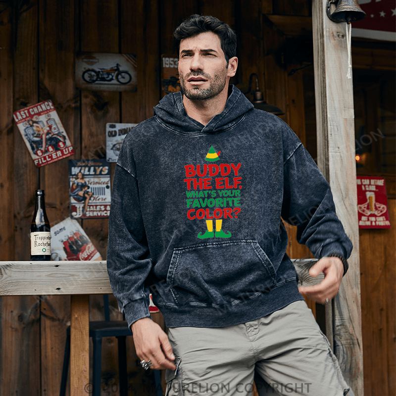 Maturelion Christmas Hoodie Buddy the Elf, What's Your Favorite Color DTG Printing Washed Hoodie
