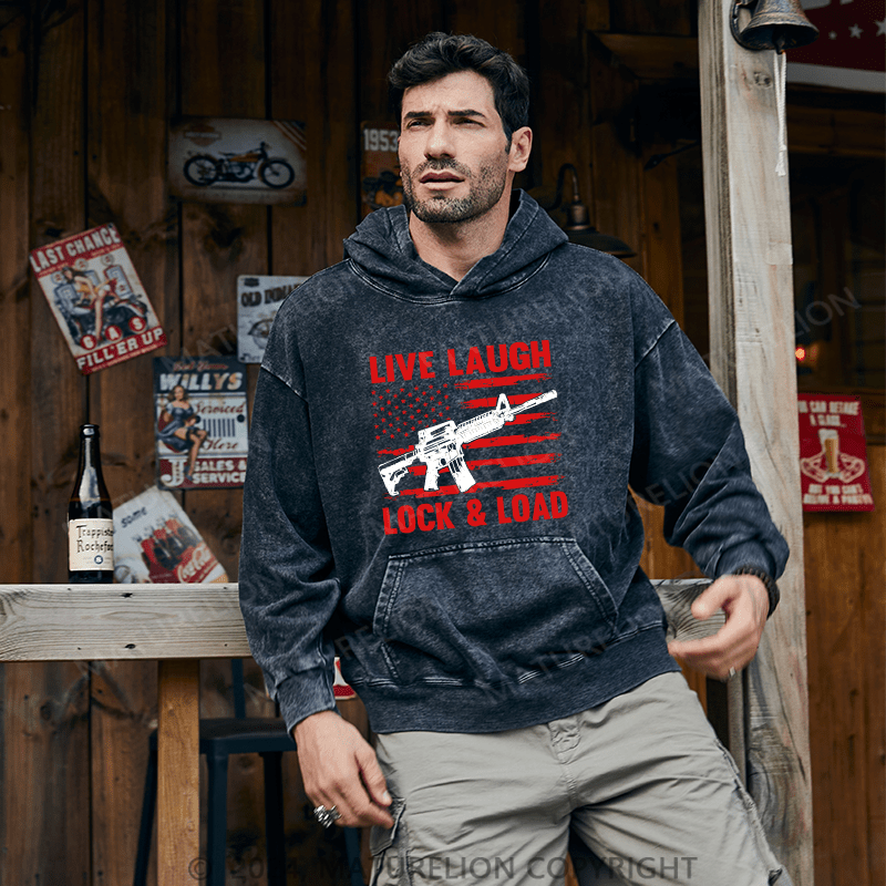 Maturelion Men's Hoodie Live Laugh Lock & Load DTG Printing Washed Hoodie