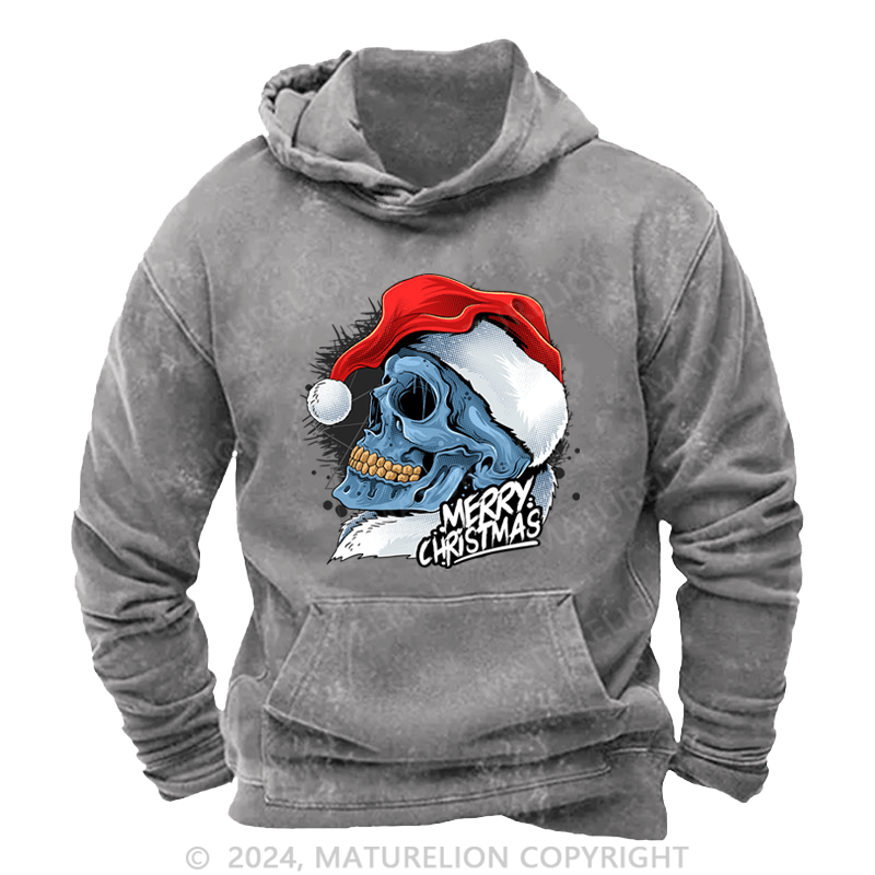 Maturelion Men's Hoodie Christmas Skull Wearing Santa Claus Hat DTG Printing Washed Hoodie