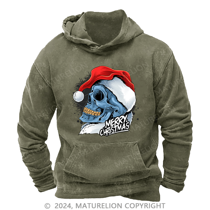 Maturelion Men's Hoodie Christmas Skull Wearing Santa Claus Hat DTG Printing Washed Hoodie