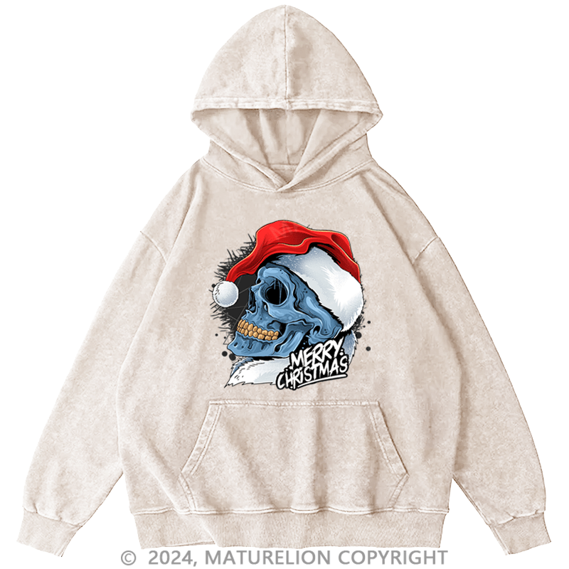 Maturelion Men's Hoodie Christmas Skull Wearing Santa Claus Hat DTG Printing Washed Hoodie