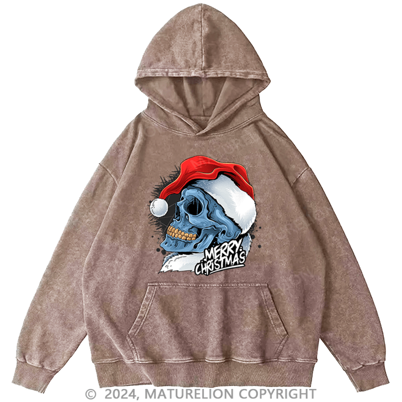 Maturelion Men's Hoodie Christmas Skull Wearing Santa Claus Hat DTG Printing Washed Hoodie