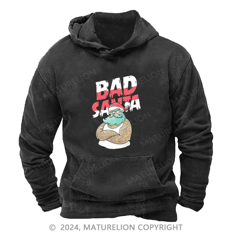 Maturelion Men's Hoodie Christmas Tattooed Santa Loves Tattoos DTG Printing Washed Hoodie