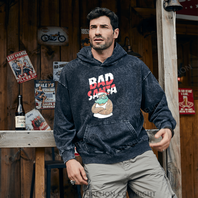 Maturelion Men's Hoodie Christmas Tattooed Santa Loves Tattoos DTG Printing Washed Hoodie