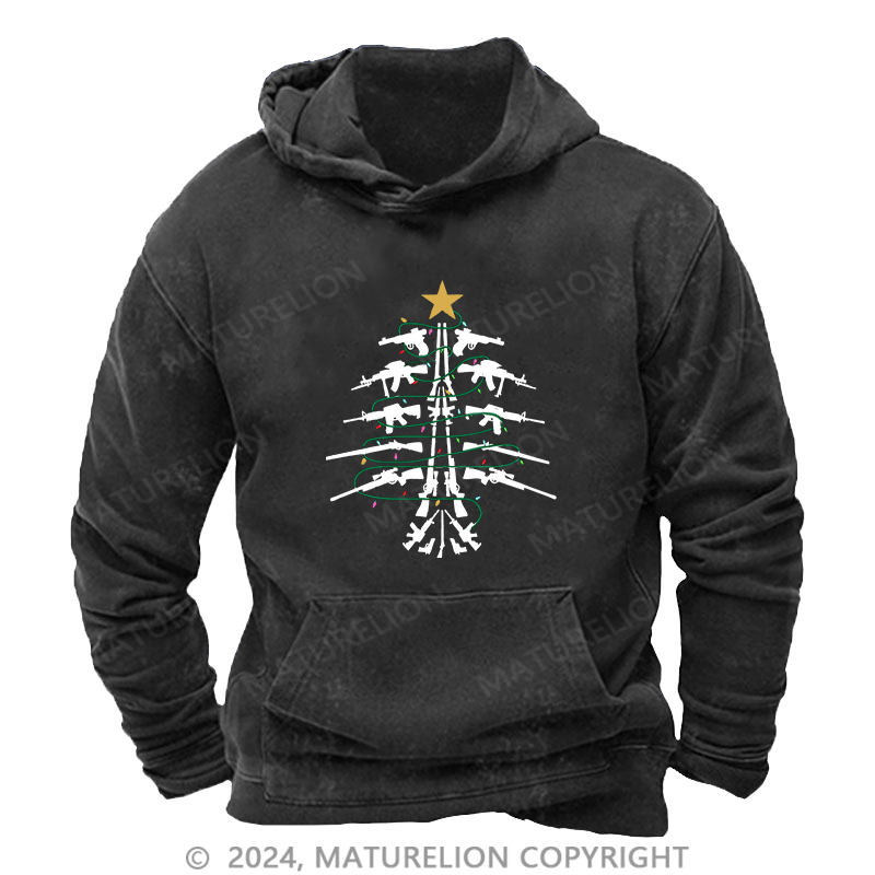 Maturelion Men's Hoodie Christmas Tree Firepower DTG Printing Washed Hoodie