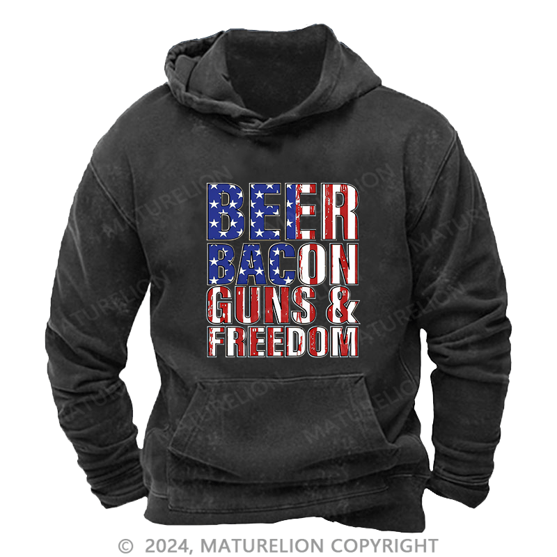 Maturelion Men's Hoodie Beer Bacon Guns And Freedom DTG Printing Washed Hoodie