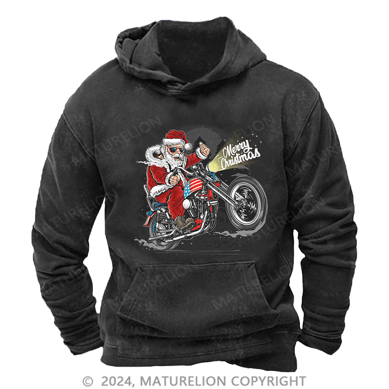 Maturelion Men's Hoodie Santa Riding Motorcycle Christmas DTG Printing Washed Hoodie