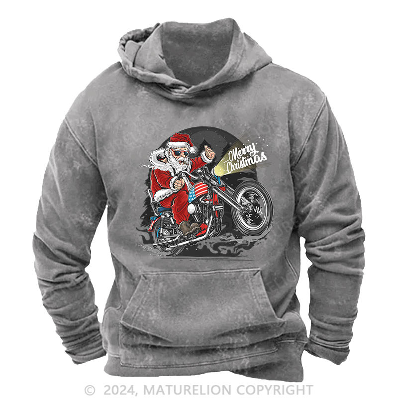 Maturelion Men's Hoodie Santa Riding Motorcycle Christmas DTG Printing Washed Hoodie