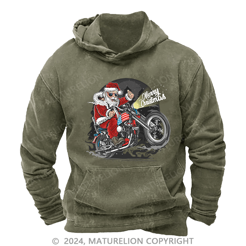 Maturelion Men's Hoodie Santa Riding Motorcycle Christmas DTG Printing Washed Hoodie