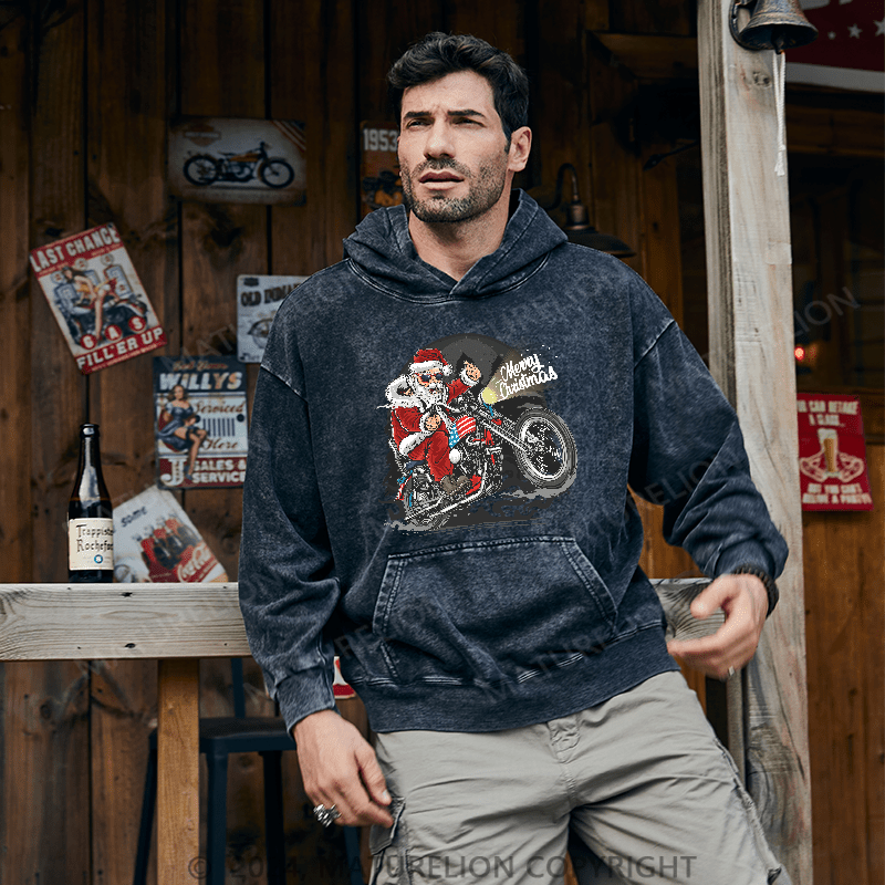 Maturelion Men's Hoodie Santa Riding Motorcycle Christmas DTG Printing Washed Hoodie