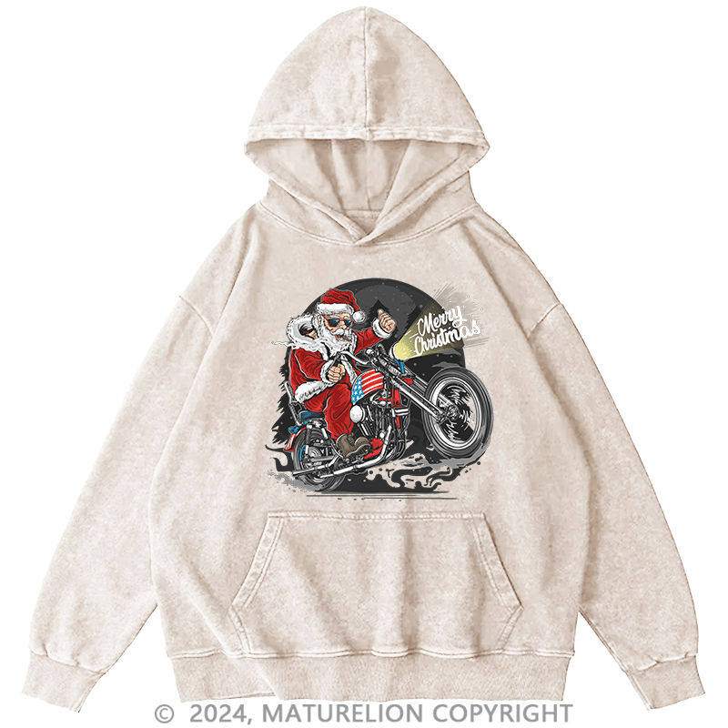 Maturelion Men's Hoodie Santa Riding Motorcycle Christmas DTG Printing Washed Hoodie