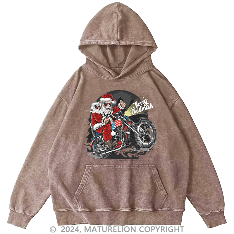 Maturelion Men's Hoodie Santa Riding Motorcycle Christmas DTG Printing Washed Hoodie