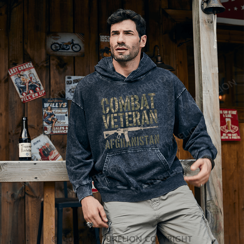 Maturelion Men's Hoodie Combat Veteran Afghanistan DTG Printing Washed Hoodie