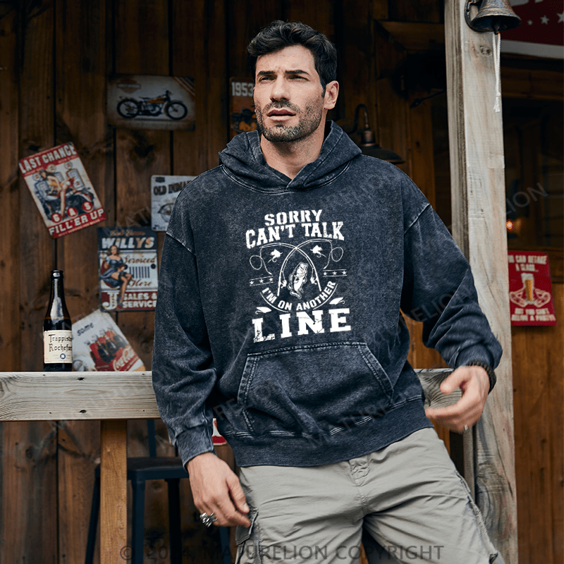 Maturelion Men's Hoodie Sorry Can't Talk Line DTG Printing Washed Hoodie
