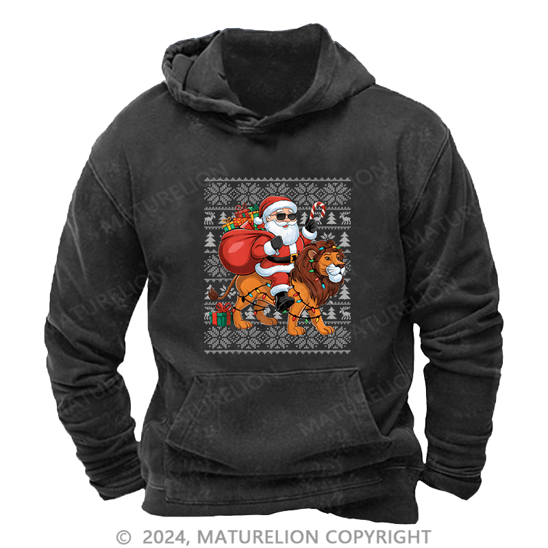 Maturelion Men's Hoodie Lion Xmas Lighting Santa Riding DTG Printing Washed Hoodie