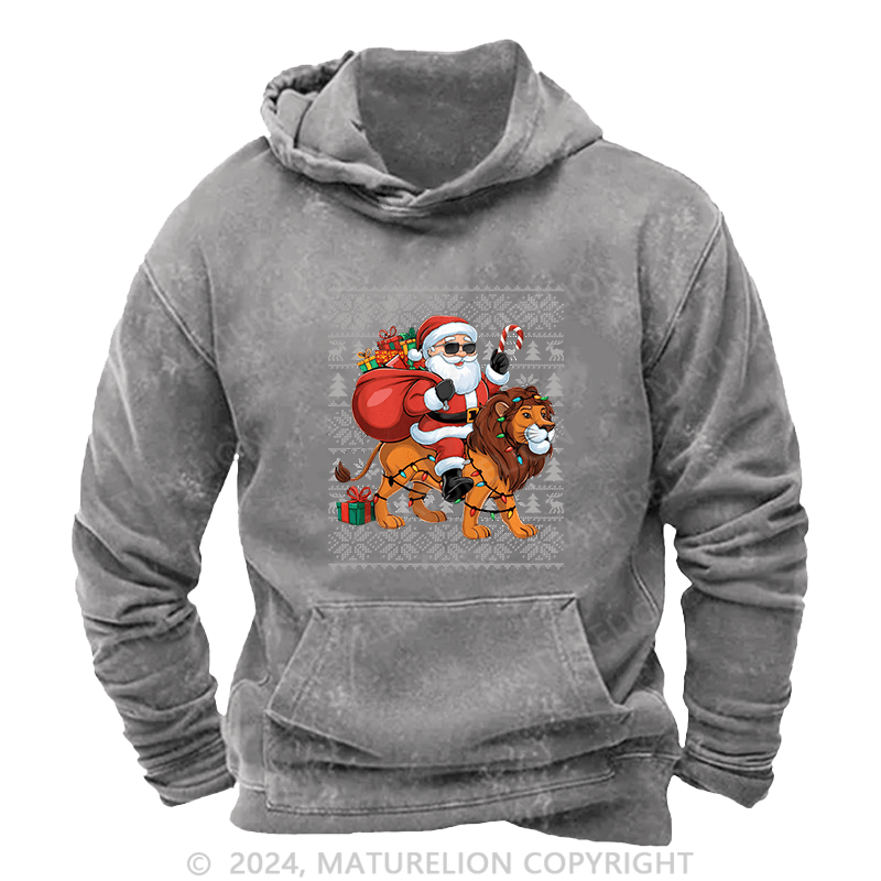Maturelion Men's Hoodie Lion Xmas Lighting Santa Riding DTG Printing Washed Hoodie