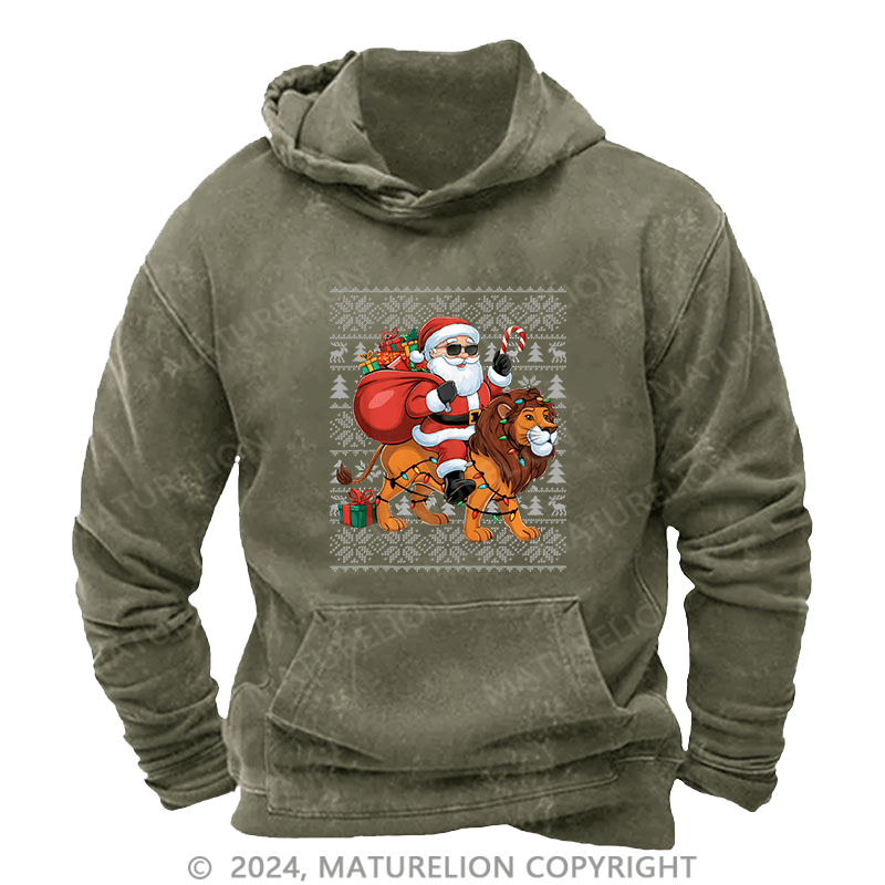 Maturelion Men's Hoodie Lion Xmas Lighting Santa Riding DTG Printing Washed Hoodie