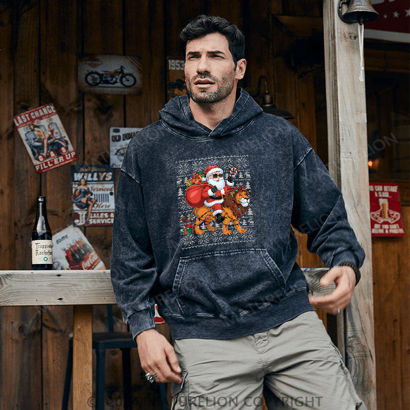 Maturelion Men's Hoodie Lion Xmas Lighting Santa Riding DTG Printing Washed Hoodie