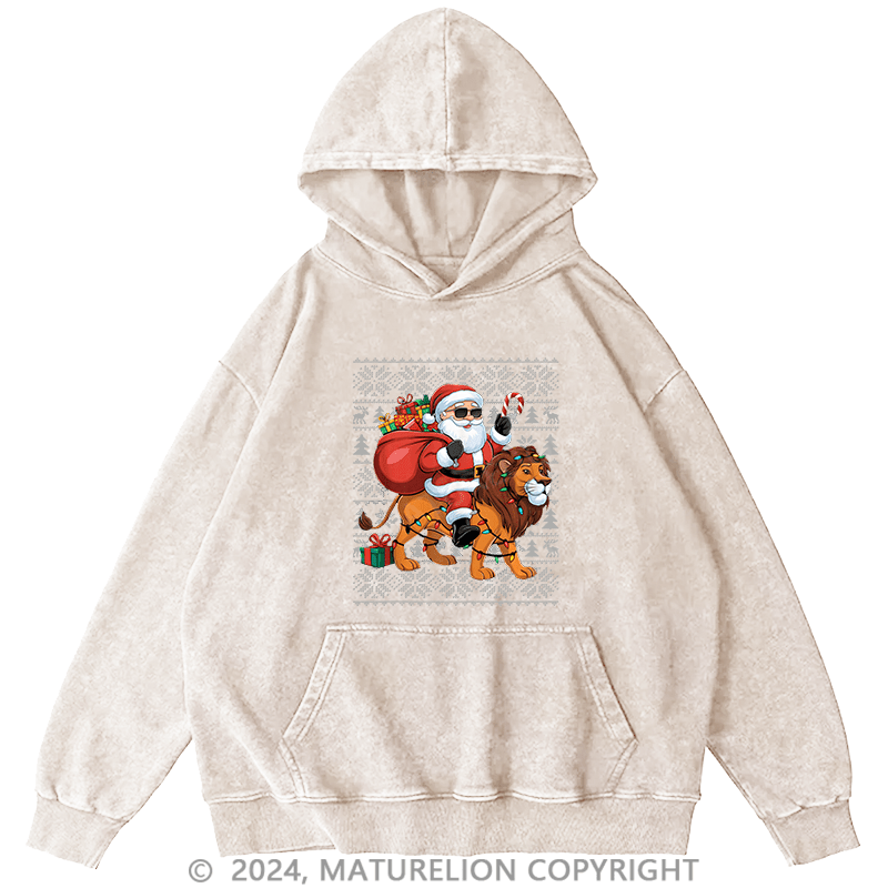 Maturelion Men's Hoodie Lion Xmas Lighting Santa Riding DTG Printing Washed Hoodie