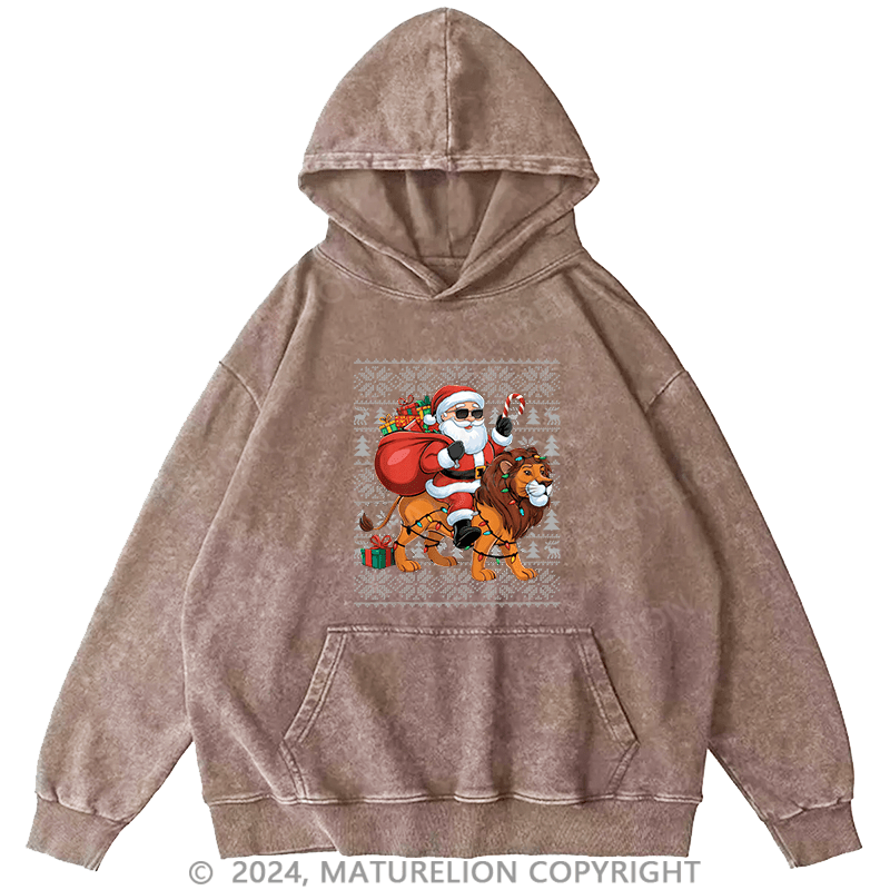 Maturelion Men's Hoodie Lion Xmas Lighting Santa Riding DTG Printing Washed Hoodie
