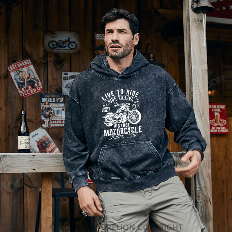 Maturelion Men's Hoodie Live To Ride DTG Printing Washed Hoodie