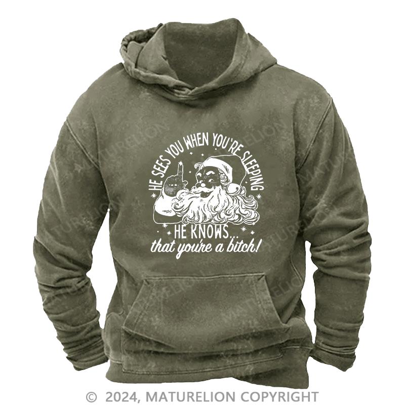 Maturelion Men's Hoodie He Sees You When You'Re Sleeping DTG Printing Washed Hoodie