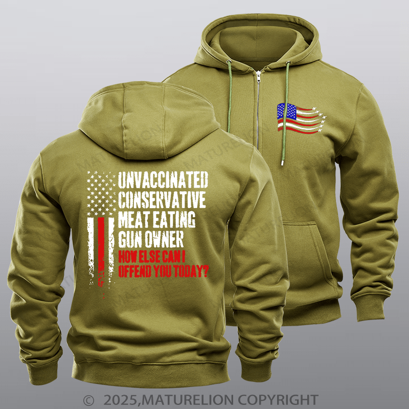 Maturelion Men's Hoodie Unvaccinated Conservative Meat Eating Gun Owner Funny Offended Zipper Hoodie
