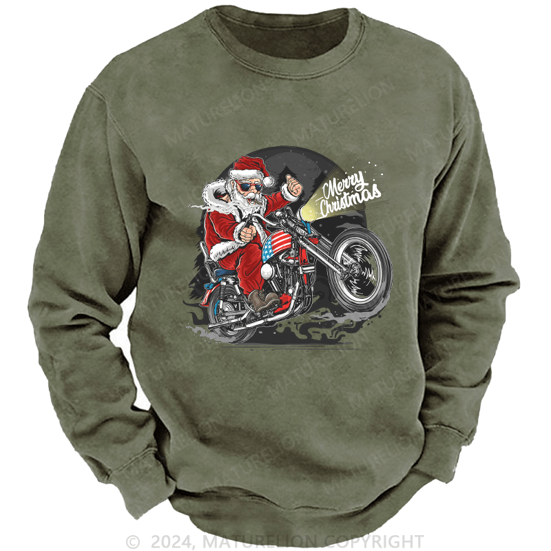 Maturelion Men's Sweatshirt Santa Riding Motorcycle Christmas Custom Washed Sweatshirt