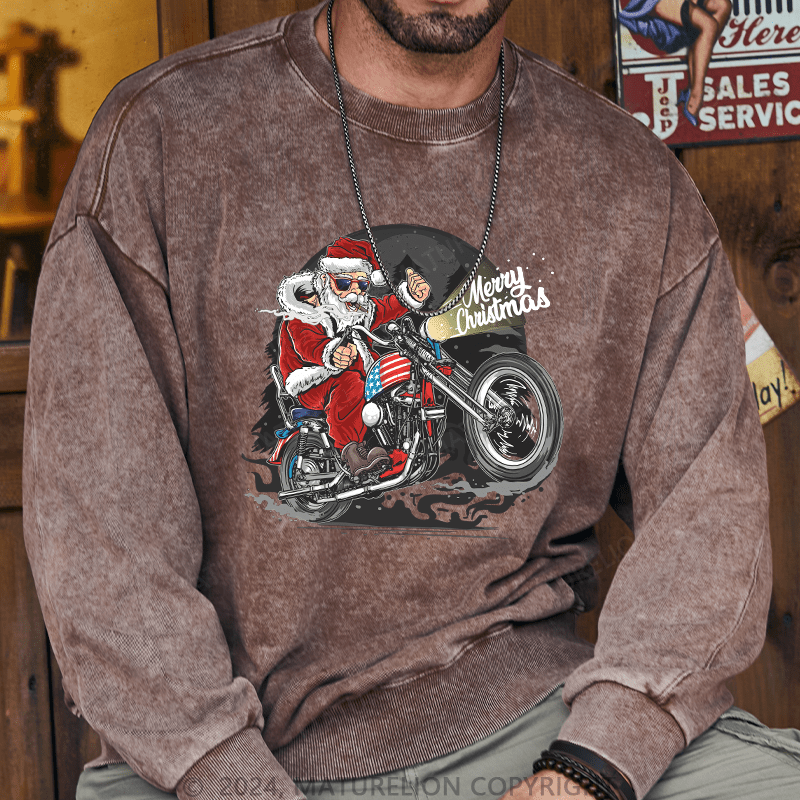 Maturelion Men's Sweatshirt Santa Riding Motorcycle Christmas Custom Washed Sweatshirt