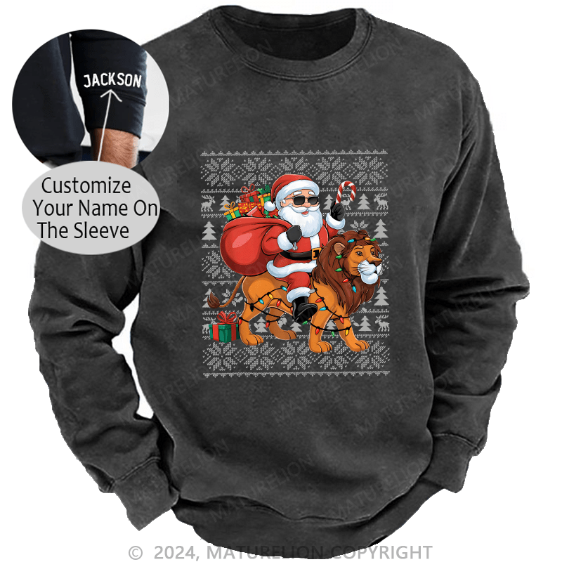 Maturelion Men's Sweatshirt Lion Xmas Lighting Santa Riding Custom Washed Sweatshirt