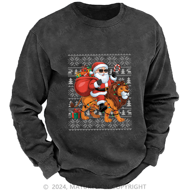 Maturelion Men's Sweatshirt Lion Xmas Lighting Santa Riding Custom Washed Sweatshirt