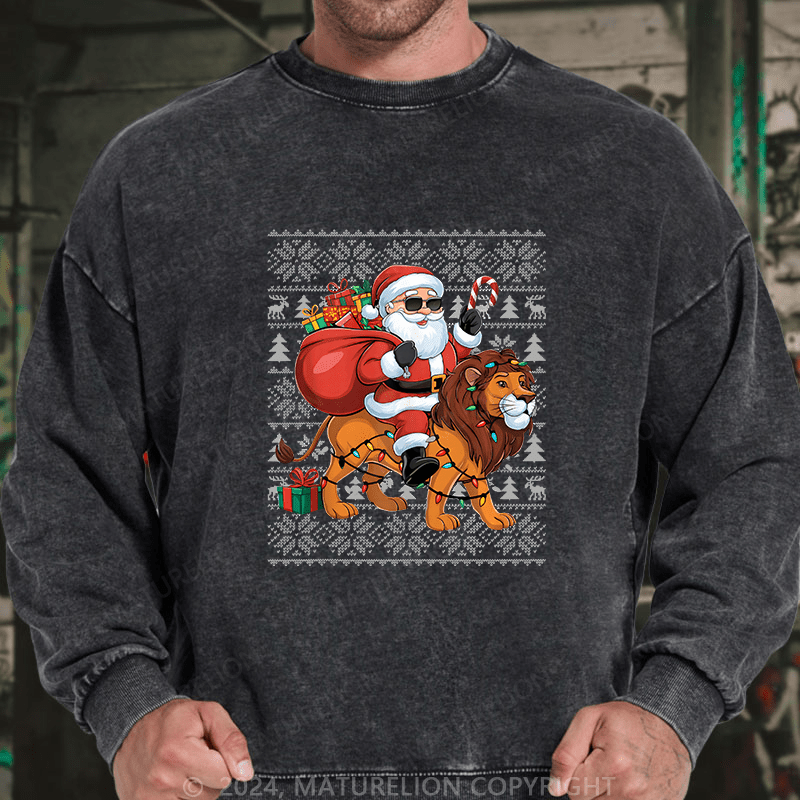 Maturelion Men's Sweatshirt Lion Xmas Lighting Santa Riding Custom Washed Sweatshirt