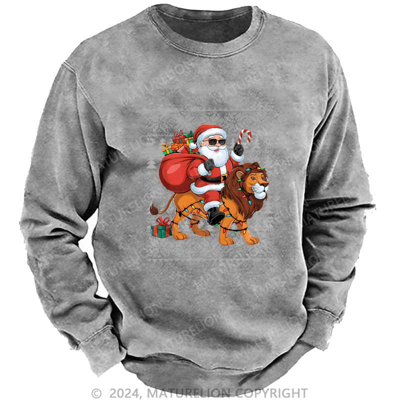 Maturelion Men's Sweatshirt Lion Xmas Lighting Santa Riding Custom Washed Sweatshirt