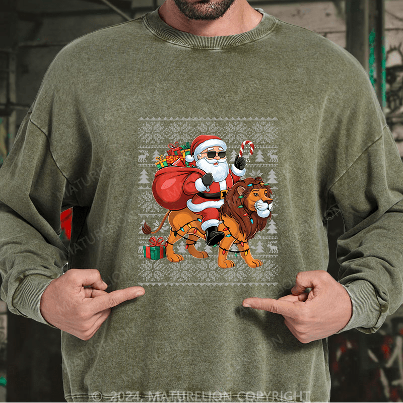 Maturelion Men's Sweatshirt Lion Xmas Lighting Santa Riding Custom Washed Sweatshirt