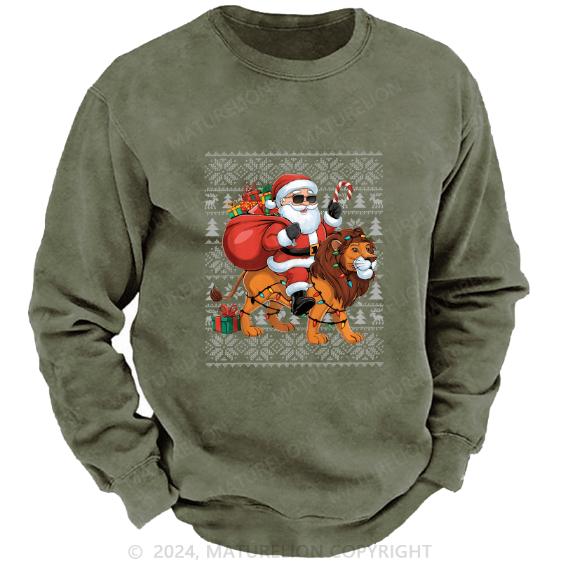 Maturelion Men's Sweatshirt Lion Xmas Lighting Santa Riding Custom Washed Sweatshirt