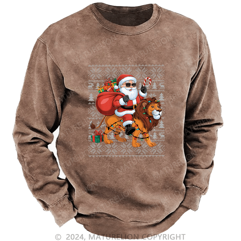 Maturelion Men's Sweatshirt Lion Xmas Lighting Santa Riding Custom Washed Sweatshirt