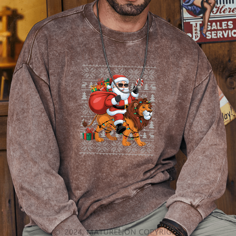 Maturelion Men's Sweatshirt Lion Xmas Lighting Santa Riding Custom Washed Sweatshirt