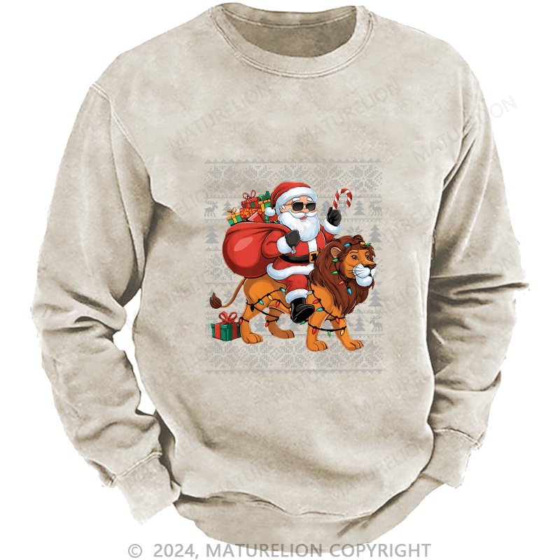 Maturelion Men's Sweatshirt Lion Xmas Lighting Santa Riding Custom Washed Sweatshirt